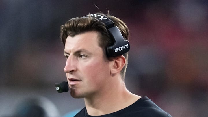 Nov 23, 2025; Glendale, Arizona, USA; Jacksonville Jaguars offensive coordinator Grant Udinski against the Arizona Cardinals at State Farm Stadium. Mandatory Credit: Mark J. Rebilas-Imagn Images