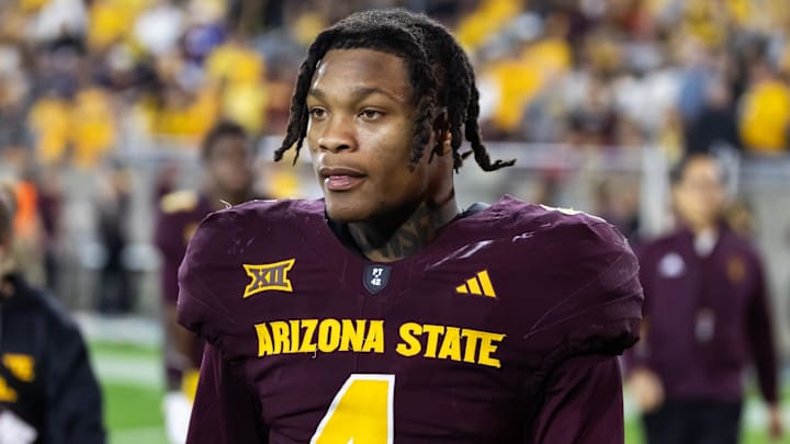 Nov 28, 2025; Tempe, Arizona, USA; Arizona State Sun Devils defensive back Myles Rowser (4) against the Arizona Wildcats during the 99th Territorial Cup at Mountain America Stadium. Mandatory Credit: Mark J. Rebilas-Imagn Images