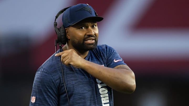 Dec 15, 2024; Glendale, Arizona, USA; New England Patriots head coach Jerod Mayo against the Arizona Cardinals at State Farm Stadium. Mandatory Credit: Mark J. Rebilas-Imagn Images