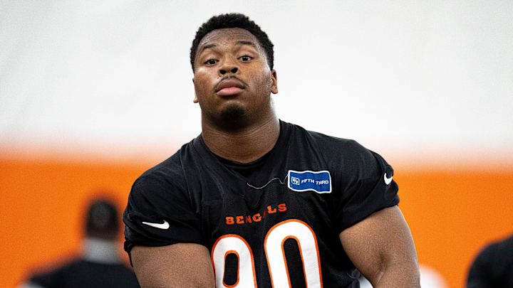 Cincinnati Bengals defensive tackle Kris Jenkins Jr. (90) stretches at Bengals spring practice at the IEL Indoor Facility in Cincinnati on Thursday, June 13, 2024.