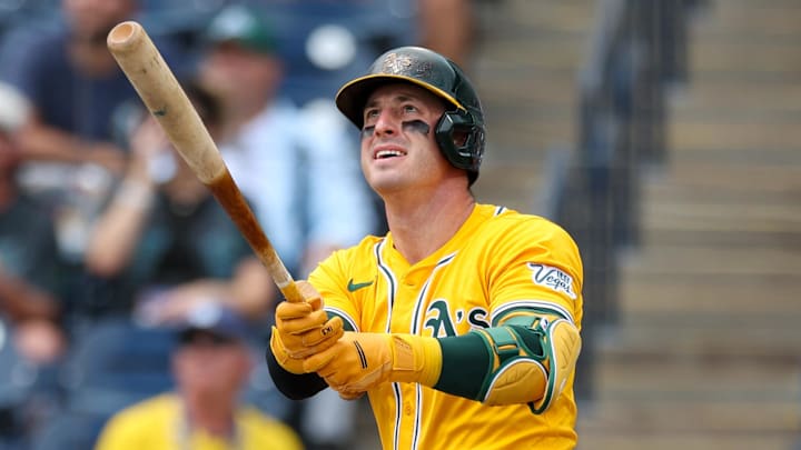 Athletics right fielder Brent Rooker (25) hits a home run against the Tampa Bay Rays in the first inning at George M. Steinbrenner Field.