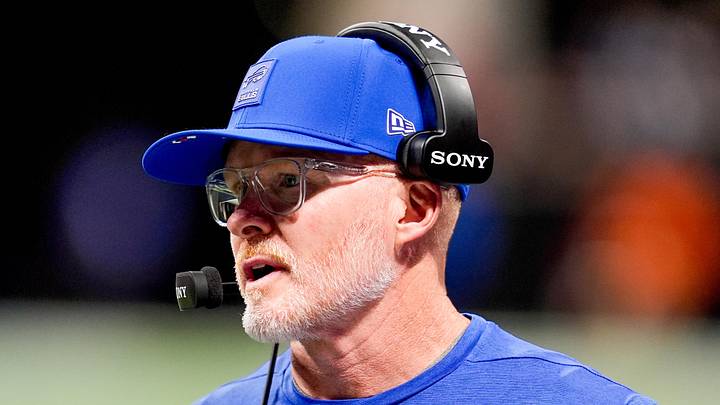 Oct 13, 2025; Atlanta, Georgia, USA; Buffalo Bills head coach Sean McDermott on the sidelines against the Atlanta Falcons during the first half of a game at Mercedes-Benz Stadium. Mandatory Credit: Dale Zanine-Imagn Images