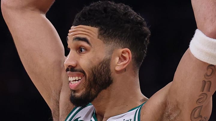 May 12, 2025; New York, New York, USA; Boston Celtics forward Jayson Tatum (0) looks to pass in the second half during game four of the second round for the 2025 NBA Playoffs against the New York Knicks at Madison Square Garden. Mandatory Credit: Vincent Carchietta-Imagn Images