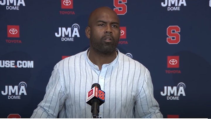 September 22, 2025; Syracuse, New York, USA; Syracuse coach Fran Brown addresses the media at his weekly news conference at the John A. Lally Athletics Complex. Mandatory Credit: Screen shot from Syracuse University Athletic Communications 