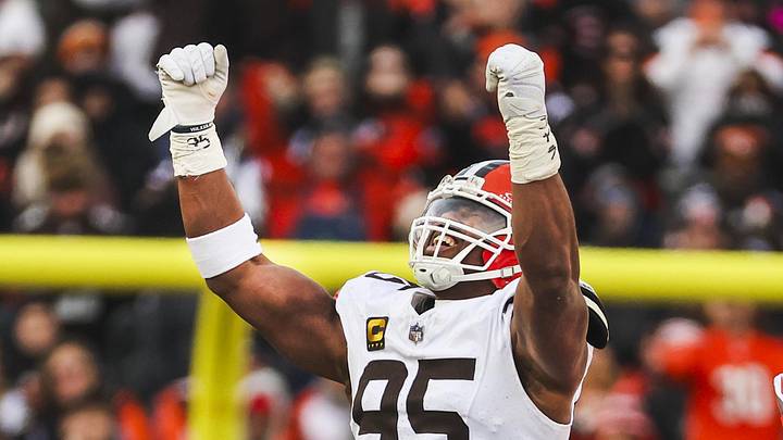 Jan 4, 2026; Cincinnati, Ohio, USA; Cleveland Browns defensive end Myles Garrett (95) celebrates after sacking Cincinnati Bengals quarterback Joe Burrow (9) during the fourth quarter at Paycor Stadium. The play set a new NFL single season sack record by Garrett. Mandatory Credit: Joseph Maiorana-Imagn Images Jan 4, 2026; Cincinnati, Ohio, USA; Cleveland Browns defensive end Myles Garrett (95) celebrates after sacking Cincinnati Bengals quarterback Joe Burrow (9) during the fourth quarter at Paycor Stadium. The play set a new NFL single season sack record by Garrett. Mandatory Credit: Joseph Maiorana-Imagn Images