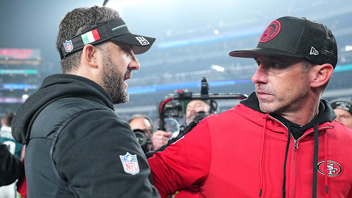 San Francisco 49ers head coach Kyle Shanahan (R) and Philadelphia Eagles head coach Nick Sirianni (L) San Francisco 49ers head coach Kyle Shanahan (R) and Philadelphia Eagles head coach Nick Sirianni (L)