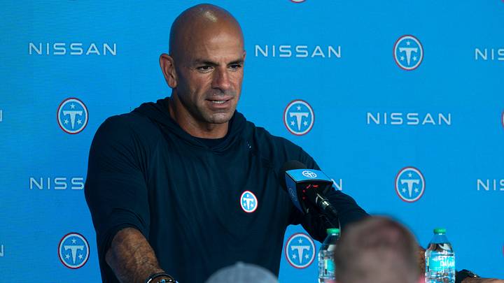 Tennessee Titans Coach Robert Saleh talks with the media after the joint practice with the Seattle Seahawks at Vanderbilt Health Football Center Friday, Aug. 21, 2026.