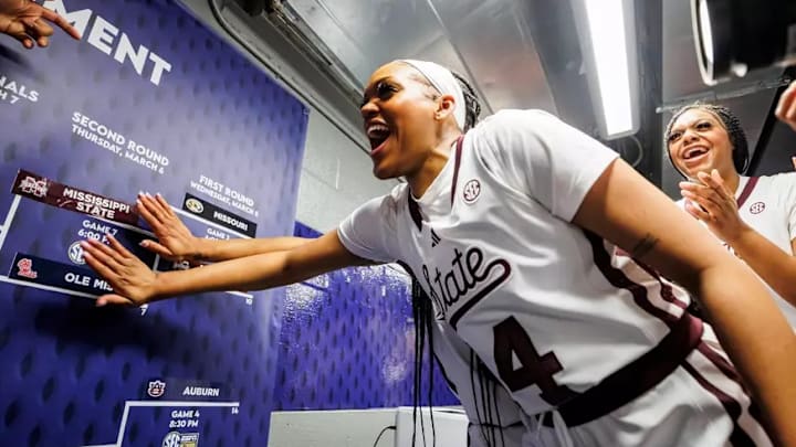 Mississippi State Forward Kayla Thomas (#14) and Mississippi State Guard Anaisha Carriere (#8) during the game between the Missouri Tigers and the Mississippi State Bulldogs at Bon Secours Wellness Arena in Greenville, SC.
