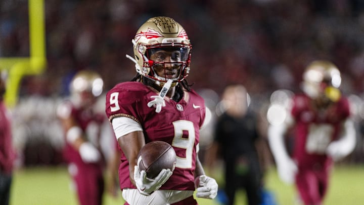 Nov 18, 2023; Tallahassee, Florida, USA; Florida State Seminoles running back Lawrance Toafili (9) during the warm ups against the North Alabama Lions at Doak S. Campbell Stadium. Mandatory Credit: Morgan Tencza-Imagn Images Nov 18, 2023; Tallahassee, Florida, USA; Florida State Seminoles running back Lawrance Toafili (9) during the warm ups against the North Alabama Lions at Doak S. Campbell Stadium. Mandatory Credit: Morgan Tencza-Imagn Images