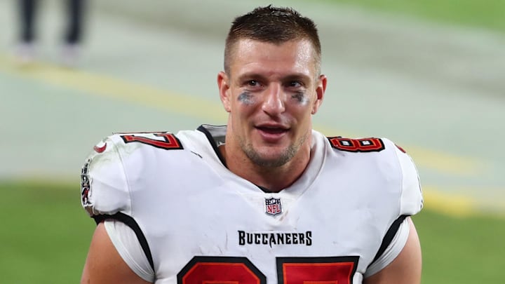 Oct 18, 2020; Tampa, Florida, USA; Tampa Bay Buccaneers tight end Rob Gronkowski after defeating the Green Bay Packers in a NFL game at Raymond James Stadium. Mandatory Credit: Kim Klement-Imagn Images Oct 18, 2020; Tampa, Florida, USA; Tampa Bay Buccaneers tight end Rob Gronkowski after defeating the Green Bay Packers in a NFL game at Raymond James Stadium. Mandatory Credit: Kim Klement-Imagn Images