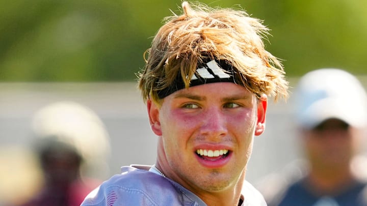 Arizona State quarterback Sam Leavitt (10) looks over at the sidelines during the first day of fall practice in Tempe, Ariz. on July 30, 2025.