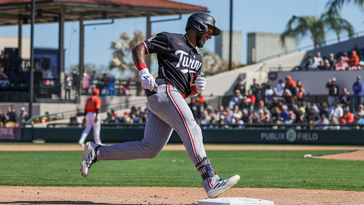Feb 23, 2026; Lakeland, Florida, USA; Minnesota Twins center fielder Emmanuel Rodriguez (33) rounds third after hitting a home run against the Detroit Tigers at Publix Field at Joker Marchant Stadium. Feb 23, 2026; Lakeland, Florida, USA; Minnesota Twins center fielder Emmanuel Rodriguez (33) rounds third after hitting a home run against the Detroit Tigers at Publix Field at Joker Marchant Stadium.