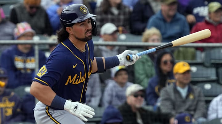 Mar 1, 2023; Tempe, Arizona, USA; Milwaukee Brewers catcher Payton Henry (50) hits an RBI single against the Los Angeles Angels in the second inning at Tempe Diablo Stadium Mar 1, 2023; Tempe, Arizona, USA; Milwaukee Brewers catcher Payton Henry (50) hits an RBI single against the Los Angeles Angels in the second inning at Tempe Diablo Stadium