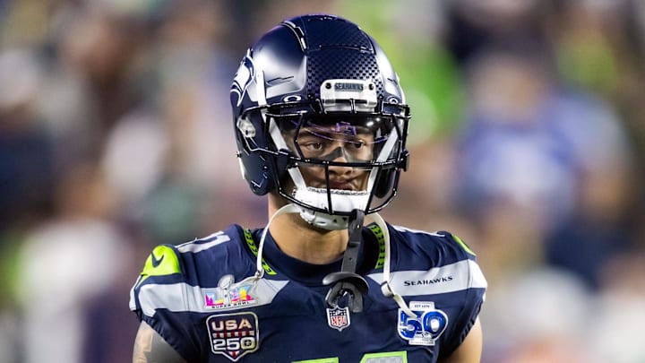 Feb 8, 2026; Santa Clara, CA, USA; Seattle Seahawks wide receiver Jaxon Smith-Njigba (11) against the New England Patriots during Super Bowl LX at Levi's Stadium.