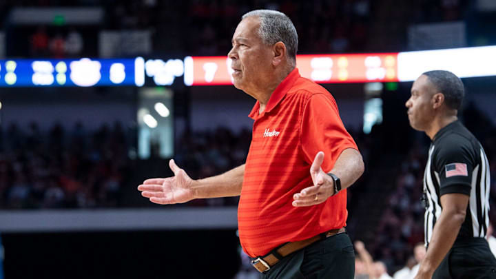 Houston Cougars head coach Kelvin Sampson reacts to a call as Auburn Tigers take on the Houston Cougars at Legacy Arena in Birmingham, Ala. on Sunday, Nov. 16, 2025. Houston Cougars head coach Kelvin Sampson reacts to a call as Auburn Tigers take on the Houston Cougars at Legacy Arena in Birmingham, Ala. on Sunday, Nov. 16, 2025.