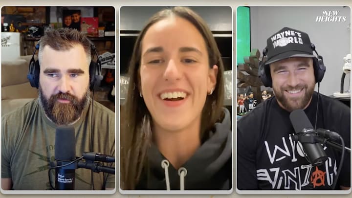 WNBA star Caitlin Clark talks to Jason and Travis Kelce on "New Heights."