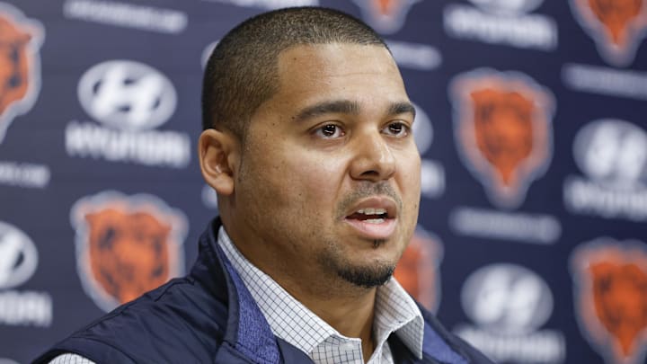 Mar 16, 2023; Lake Forest, IL, USA; Chicago Bears general manager Ryan Poles speaks during a press conference at Halas Hall. Mandatory Credit: Kamil Krzaczynski-Imagn Images