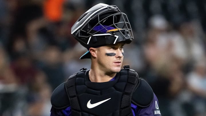 Aug 24, 2025; Phoenix, Arizona, USA; Arizona Diamondbacks catcher James McCann against the Cincinnati Reds at Chase Field. Mandatory Credit: Mark J. Rebilas-Imagn Images