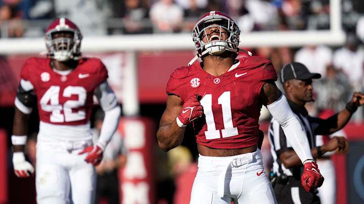 Alabama Crimson Tide linebacker Jihaad Campbell celebrates after sacking Mercer quarterback Whitt Newbauer