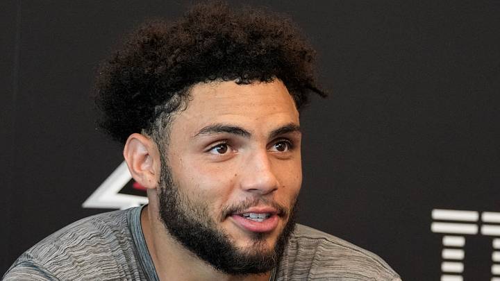Jul 30, 2026; Atlanta, Falcons, USA; Atlanta Falcons wide receiver Drake London (5) meets with the media during training camp at IBM Performance Field. Mandatory Credit: Dale Zanine-Imagn Images