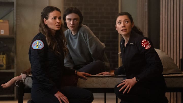 CHICAGO FIRE -- "Instinct" Episode 1418 -- Pictured: (l-r) Jocelyn Hudon as Lyla Novak, Gloria Cole as Sarah, Hanako Greensmith as Violet Mikami 