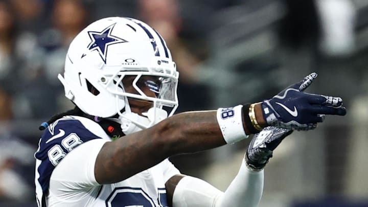 Oct 19, 2025; Arlington, Texas, USA; Dallas Cowboys wide receiver Ceedee Lamb (88) celebrates after a play against the Washington Commanders during the first quarter of the game at AT&T Stadium. Mandatory Credit: Kevin Jairaj-Imagn Images