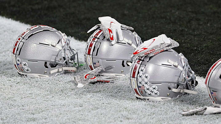 Jan. 11, 2021; Miami Gardens, Florida, USA; Ohio State Buckeye helmets along the end zone during warm-ups before the College Football Playoff National Championship between the Alabama Crimson Tide and the Ohio State Buckeyes at Hard Rock Stadium in Miami Gardens, Fla. on January 11, 2021.