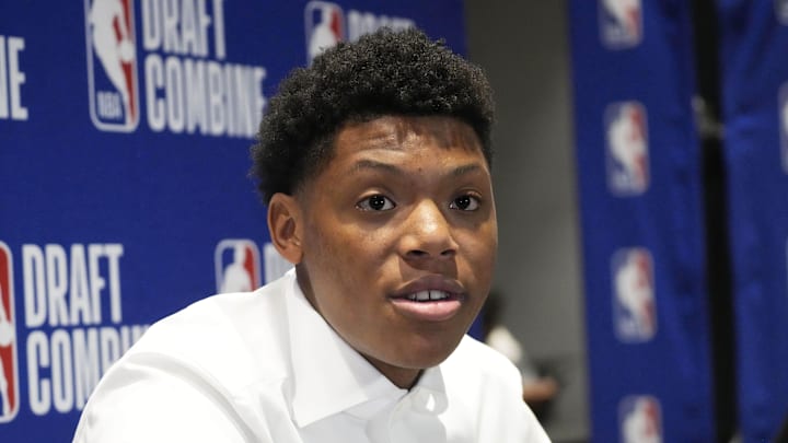 May 14, 2025; Chicago, Il, USA; Ace Bailey talks to the media during the 2025 NBA Draft Combine at Marriott Marquis Chicago. Mandatory Credit: David Banks-Imagn Images