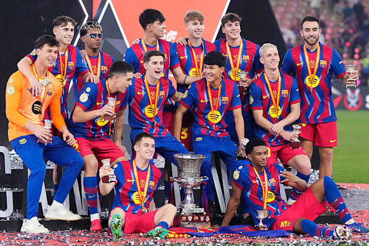 Barcelona's La Masia graduates celebrating the 2026 Spanish Super Cup Title. Barcelona's La Masia graduates celebrating the 2026 Spanish Super Cup Title.