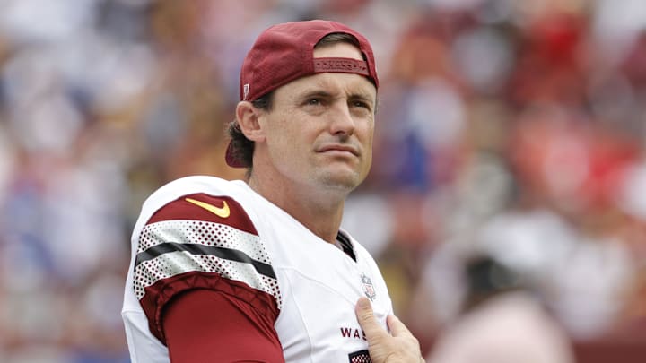 Sep 7, 2025; Landover, Maryland, USA; Washington Commanders punter Tress Way (10) looks on from the field prior to the game against the New York Giants at Northwest Stadium. Mandatory Credit: Amber Searls-Imagn Images
