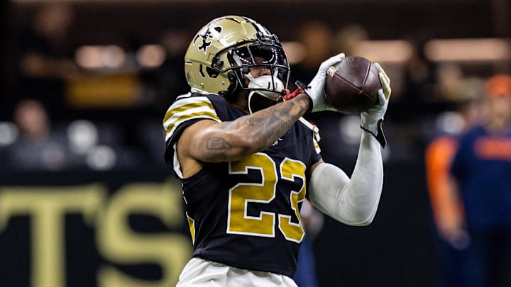 Oct 17, 2024; New Orleans, Louisiana, USA;  New Orleans Saints cornerback Marshon Lattimore (23) during the warmups before the game against the Denver Broncos at Caesars Superdome. Mandatory Credit: Stephen Lew-Imagn Images