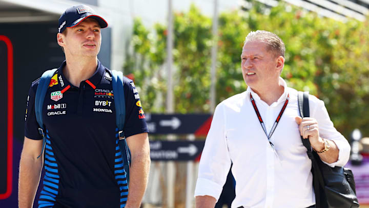 BAHRAIN, BAHRAIN - FEBRUARY 29: Max Verstappen of the Netherlands and Oracle Red Bull Racing and Jos Verstappen walk in the Paddock prior to practice ahead of the F1 Grand Prix of Bahrain at Bahrain International Circuit on February 29, 2024 in Bahrain, Bahrain. (Photo by Mark Thompson/Getty Images)