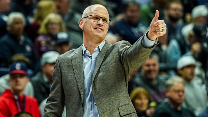 Nov 27, 2023; Storrs, Connecticut, USA; UConn Huskies head coach Dan Hurley watches from the sideline as they take on the New Hampshire Wildcats at Harry A. Gampel Pavilion. Mandatory Credit: David Butler II-Imagn Images