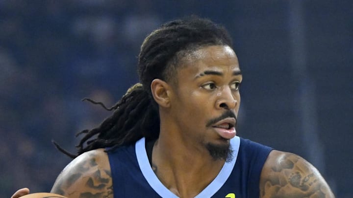 Memphis Grizzlies guard Ja Morant dribbles the ball in the first quarter against the Cleveland Cavaliers.