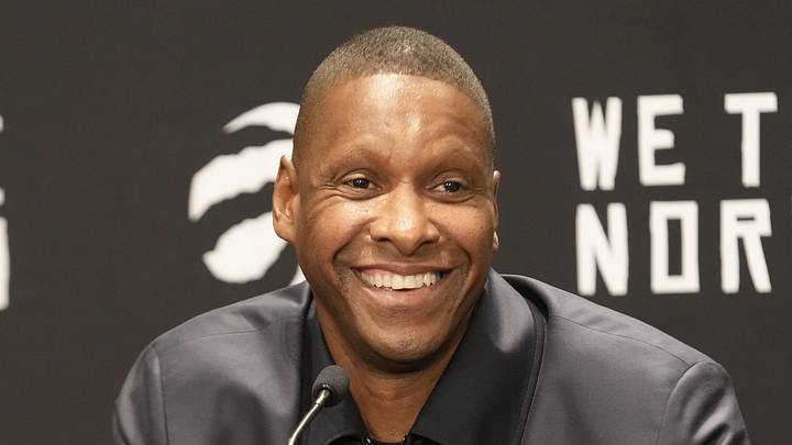 Oct 2, 2023; Toronto, ON, Canada; Toronto Raptors president Masai Ujiri smiles after a question by the media during Media Day at the Hilton Toronto. Mandatory Credit: John E. Sokolowski-Imagn Images Oct 2, 2023; Toronto, ON, Canada; Toronto Raptors president Masai Ujiri smiles after a question by the media during Media Day at the Hilton Toronto. Mandatory Credit: John E. Sokolowski-Imagn Images