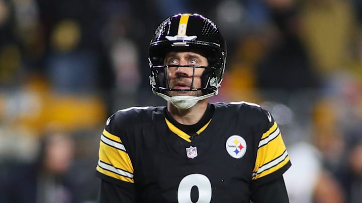 Pittsburgh Steelers quarterback Aaron Rodgers (8) looks on after being sacked during the first half of the NFL Wild Card game against the Houston Texans at Acrisure Stadium in Pittsburgh, PA on January 12, 2026.