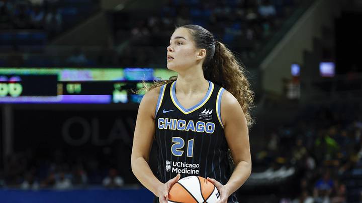 Sep 11, 2025; Chicago, Illinois, USA; Chicago Sky forward Maddy Westbeld (21) looks to pass the ball against the New York Liberty during the second half at Wintrust Arena. Mandatory Credit: Kamil Krzaczynski-Imagn Images