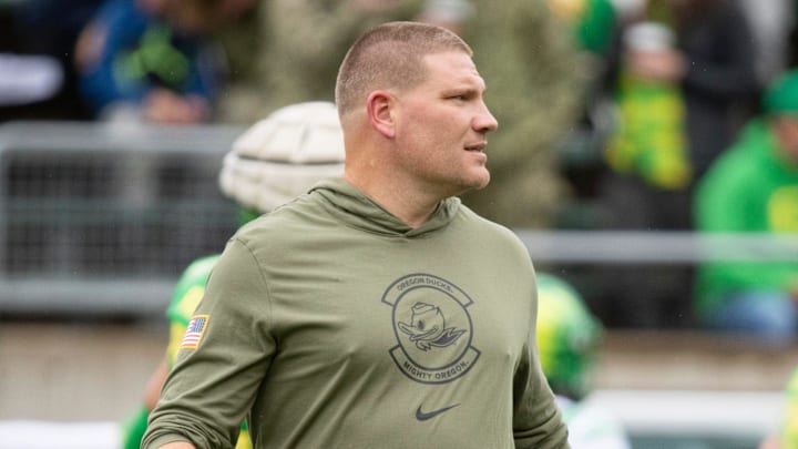 Oregon defensive coordinator Tosh Lupoi walks the field during the Oregon Ducks’ Spring Game Saturday, April 27. 2024 at Autzen Stadium in Eugene, Ore.