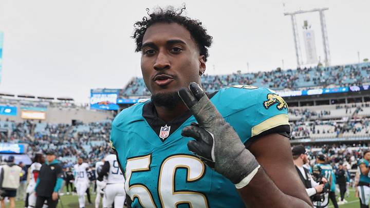 Jan 4, 2026; Jacksonville, Florida, USA; Jacksonville Jaguars linebacker Yasir Abdullah (56) reacts as he walks off the field after the game against the Tennessee Titans at EverBank Stadium. 