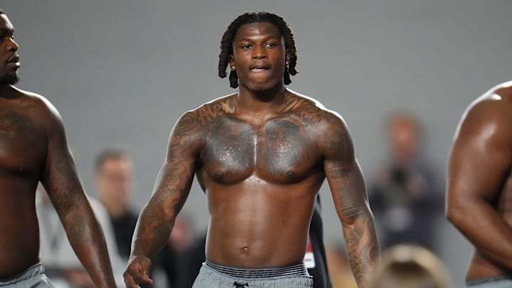 Ohio State linebacker Arvell Reese works out during Pro Day for NFL scouts at the Woody Hayes Athletics Center