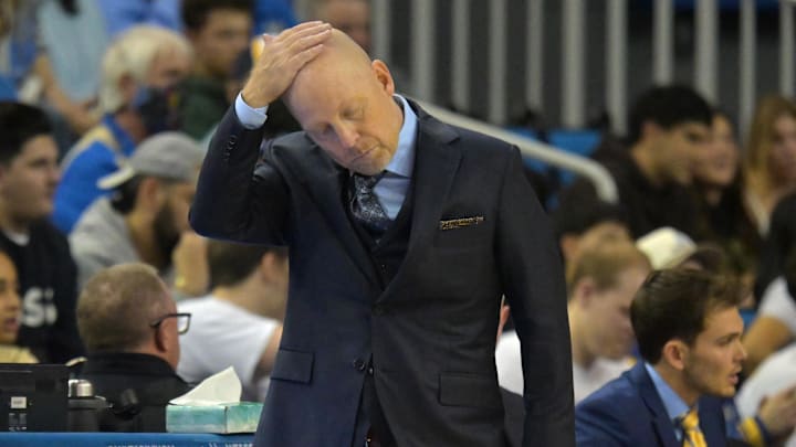 Dec 19, 2025; Los Angeles, California, USA; UCLA Bruins head coach Mick Cronin reacts on the sideline during the second half against the Cal Poly Mustangs at Pauley Pavilion presented by Wescom Financial. Mandatory Credit: Jayne Kamin-Oncea-Imagn Images
