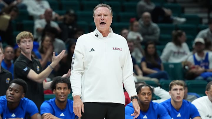 Nov 26, 2025; Las Vegas, NV, USA; Kansas Jayhawks head coach Bill Self reacts in the first half against the Tennessee Volunteers in the 2025 Players Era Festival third place game at MGM Grand Garden Arena. Mandatory Credit: Kirby Lee-Imagn Images