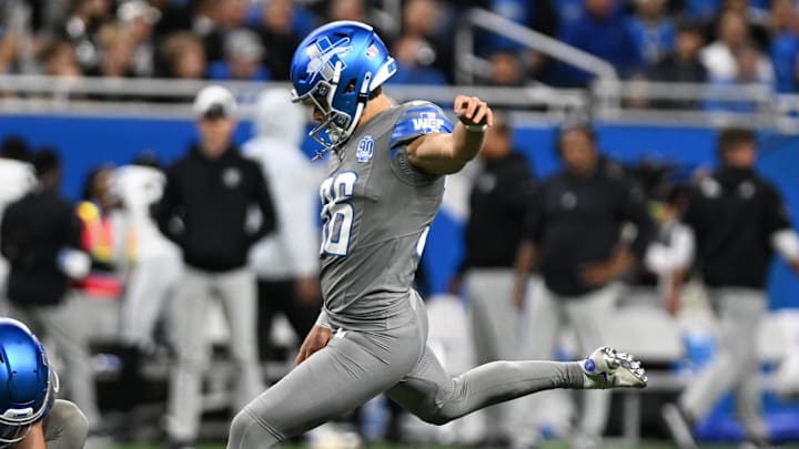 Oct 30, 2023; Detroit, Michigan, USA; Detroit Lions place kicker Riley Patterson (36) kicks a field goal against the Las Vegas Raiders in the first quarter at Ford Field. Mandatory Credit: Lon Horwedel-Imagn Images