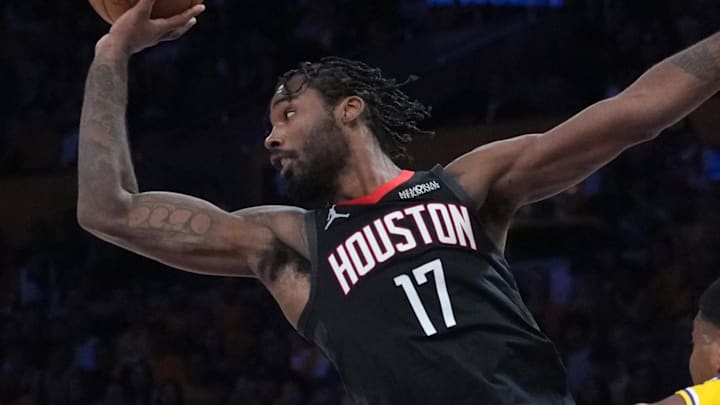 Apr 18, 2026; Los Angeles, California, USA; Houston Rockets forward Tari Eason (17) is defended by Los Angeles Lakers forward Rui Hachimura (28) in the second half during game one of the first round of the 2026 NBA Playoffs at Crypto.com Arena. Mandatory Credit: Kirby Lee-Imagn Images