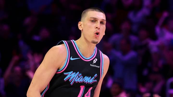 Mar 30, 2026; Miami, Florida, USA; Miami Heat guard Tyler Herro (14) reacts after scoring against the Philadelphia 76ers during the fourth quarter at Kaseya Center. Mandatory Credit: Sam Navarro-Imagn Images