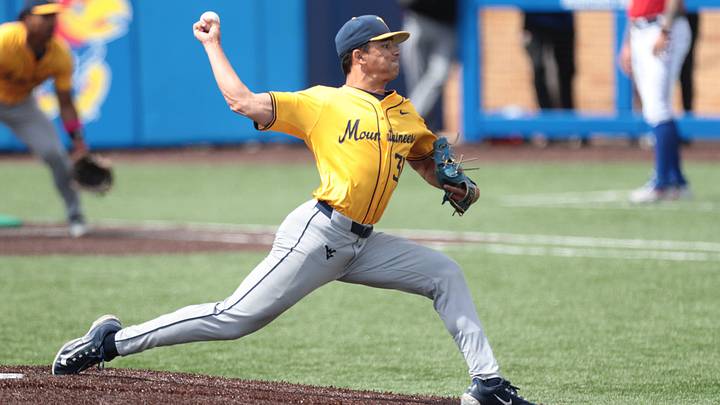 West Virginia Mountaineers junior Dawson Montesa (31) pitches against Kansas Jayhawks during the game inside Hoglund Ballpark on May 10, 2026.