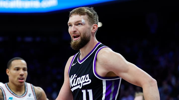 Mar 17, 2025; Sacramento, California, USA; Sacramento Kings forward Domantas Sabonis (11) reacts after a play during the second quarter against the Memphis Grizzlies at Golden 1 Center. Mandatory Credit: Sergio Estrada-Imagn Images Mar 17, 2025; Sacramento, California, USA; Sacramento Kings forward Domantas Sabonis (11) reacts after a play during the second quarter against the Memphis Grizzlies at Golden 1 Center. Mandatory Credit: Sergio Estrada-Imagn Images