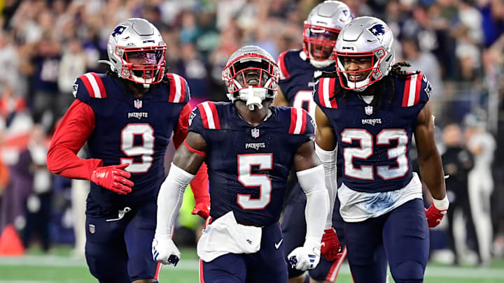 Sep 10, 2023; Foxborough, Massachusetts, USA; New England Patriots safety Jabrill Peppers (5) reacts to stopping a Philadelphia Eagles drive during the second half at Gillette Stadium. Mandatory Credit: Eric Canha-USA TODAY Sports