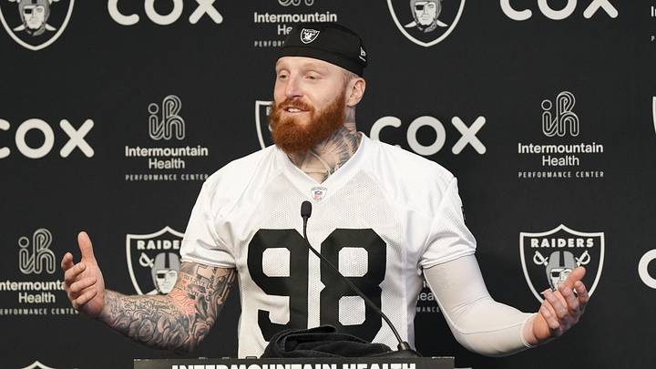 Jun 3, 2026; Henderson, NV, USA; Las Vegas Raiders defensive end Maxx Crosby (98) speaks during a news conference during organized team activities at Intermountain Health Performance Center. Mandatory Credit: Candice Ward-Imagn Images