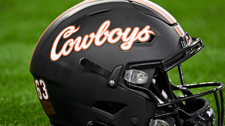 Dec 2, 2023; Arlington, TX, USA;  A view of a Oklahoma State Cowboys helmet before the game between
